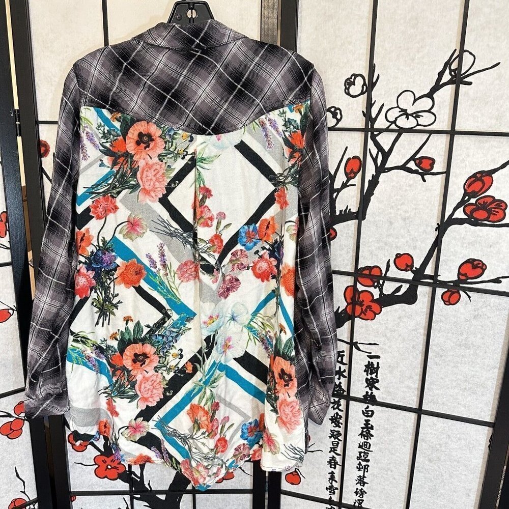 Tolani Nava Plaid Flannel Button Down Shirt Top Colorful Floral Panels Size L